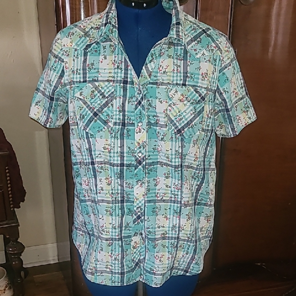 Bit & Bridle Teal and White Plaid Blouse